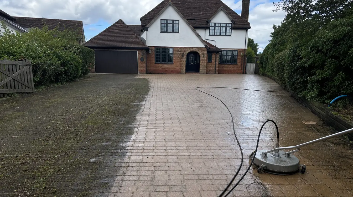 Block paving driveway pressure washing before and after