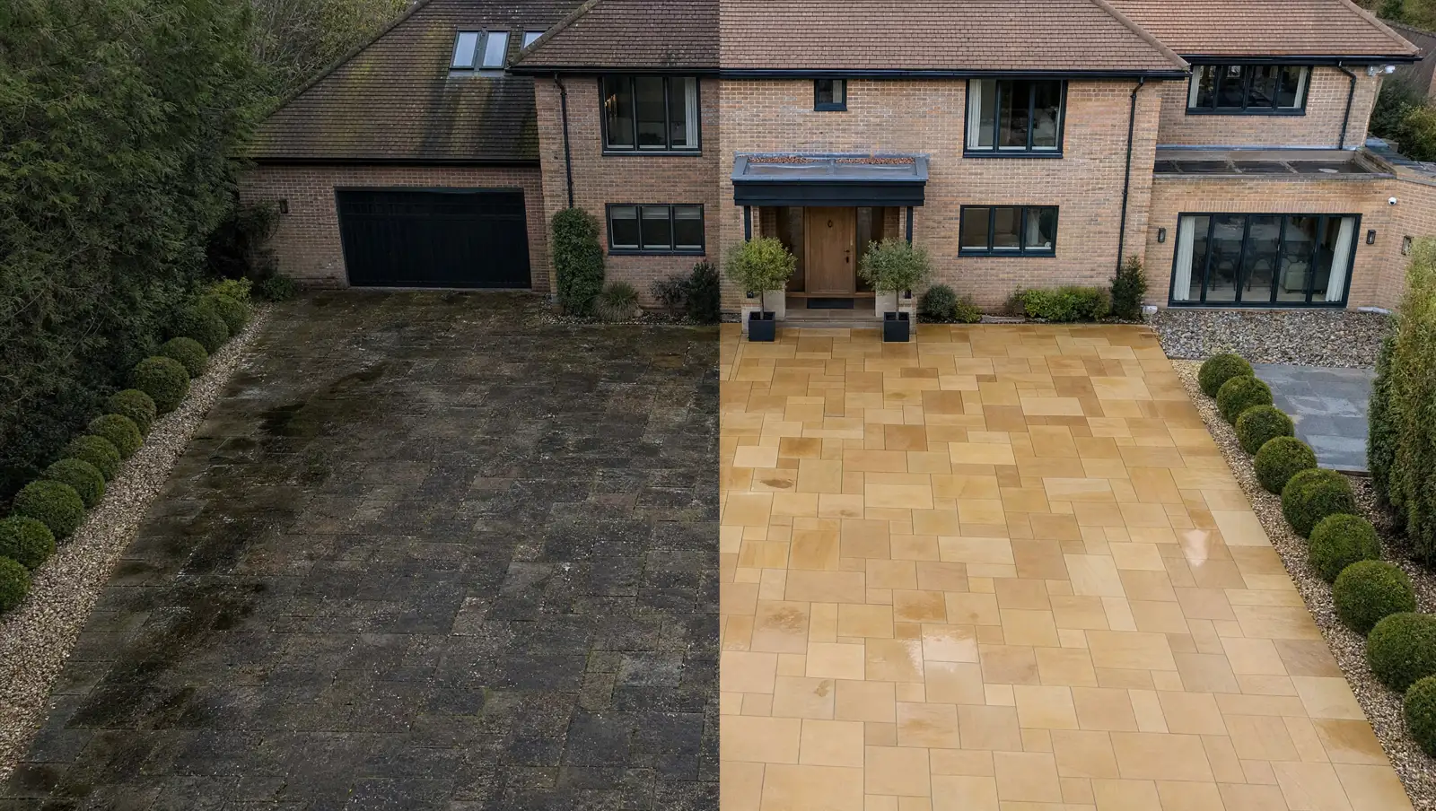 Large Indian sandstone driveway courtyard cleaned before and after
