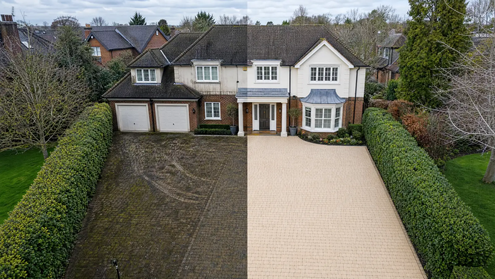 Large Surrey-style block driveway cleaned before and after