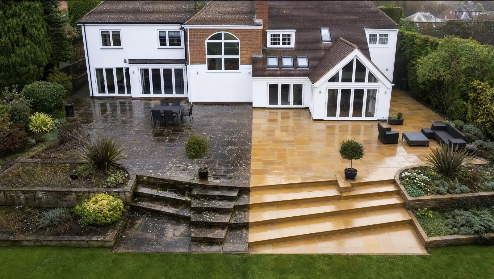 Large Indian sandstone patio cleaned before and after